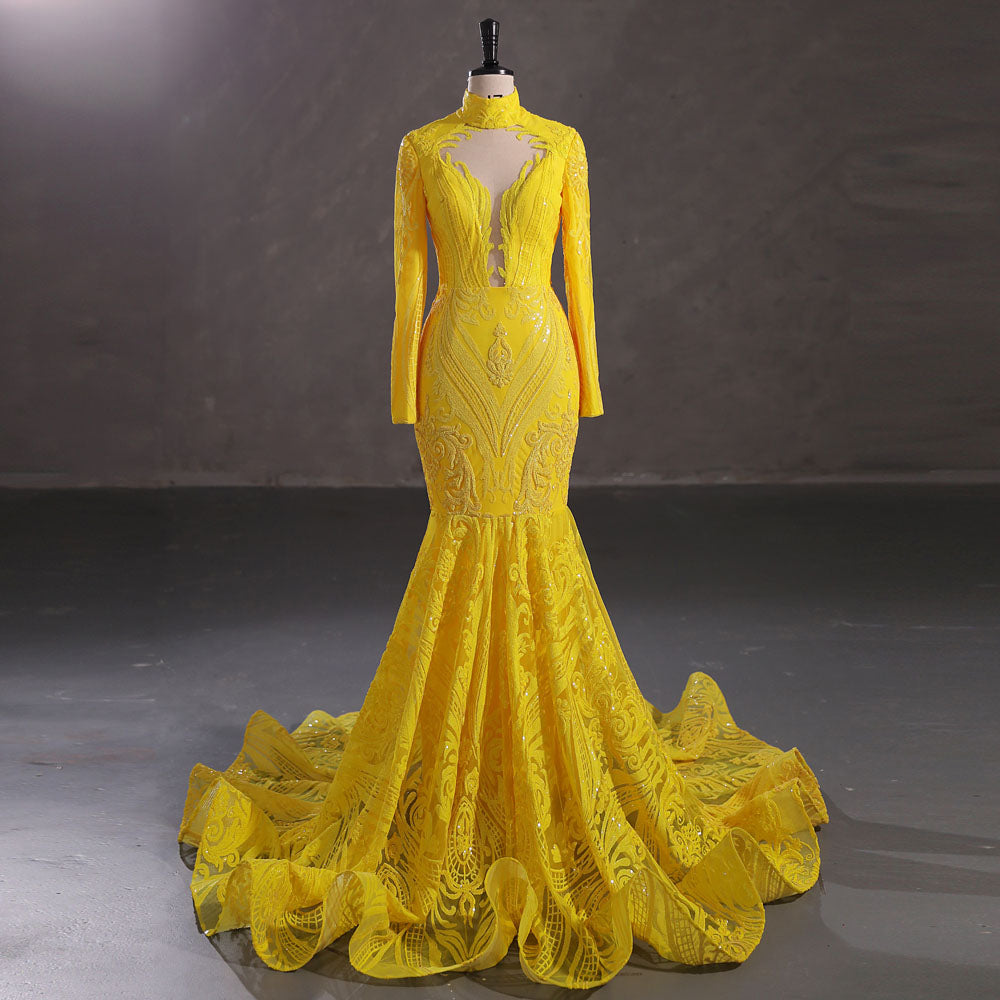 Hot Long Yellow Sequins Lace Formal Evening Dress with Halter Neck EN5411 Size 10 / Yellow Hot Long Yellow Sequins Lace Formal Evening Dress with Halter Neck EN5411 Size 10 / Yellow