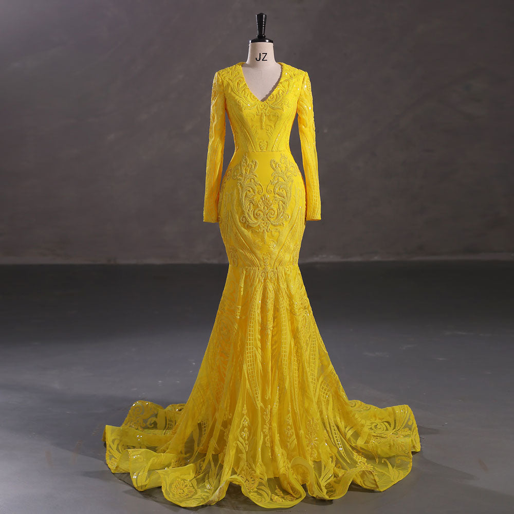 Maxi Yellow Sequins Lace Mermaid Formal Evening Prom Dress EN5410 Size 14 / Yellow Maxi Yellow Sequins Lace Mermaid Formal Evening Prom Dress EN5410 Size 14 / Yellow