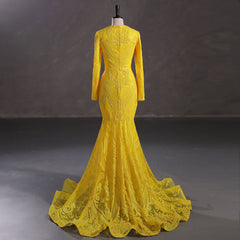 Maxi Yellow Sequins Lace Mermaid Formal Evening Prom Dress EN5410