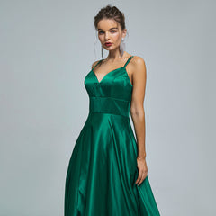 Green Maxi Satin Formal Prom Evening Dress EN5301