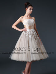 Strapless Mocha Tea Length Tulle Dress with Lace Top