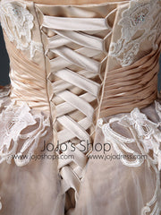 Strapless Mocha Tea Length Tulle Dress with Lace Top