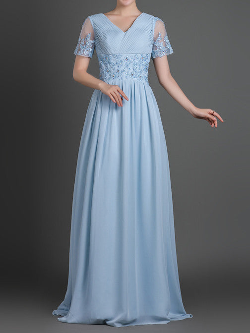 Blue Short Sleeves Chiffon Long Formal Evening Dress