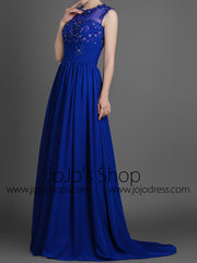 Blue Modest Lace Chiffon Full Length Formal Prom Dress