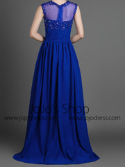 Blue Modest Lace Chiffon Full Length Formal Prom Dress