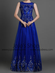 Blue Modest Lace Full Length Evening Dress