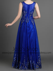 Blue Modest Lace Full Length Evening Dress