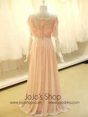Modest Blush Pink Formal Pageant Evening Dress with Sleeves