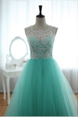 Turquoise Modest Lace Tulle Formal Prom Evening Dress G2014