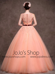 Modest Peach Tulle Quinceanera Ball Gown Formal Evening Prom Dress X008