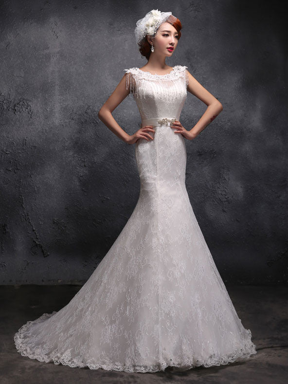Modest Vintage Lace Fit and Flare Mermaid Dress X029 Size 14 / Ivory Modest Vintage Lace Fit and Flare Mermaid Dress X029 Size 14 / Ivory
