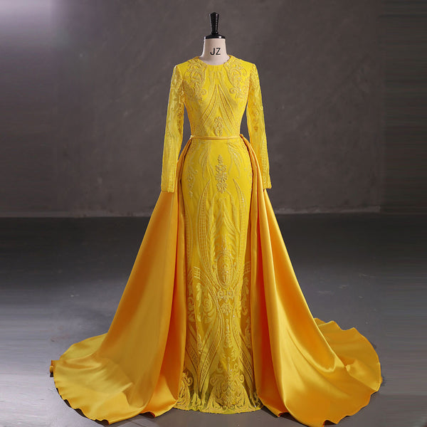 Modest Yellow Sequins Slim Formal Prom Dress with Detachable Train EN5412
