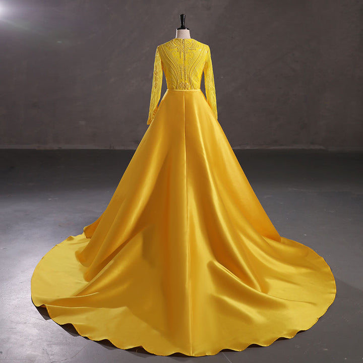 Modest Yellow Sequins Slim Formal Prom Dress with Detachable Train EN5412