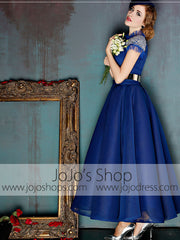 Dark Blue Short Sleeves Modest Ankle Length Evening Prom Formal Dress | X037