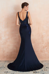 Navy Beaded Formal Evening Dress with Open Back EN223424357
