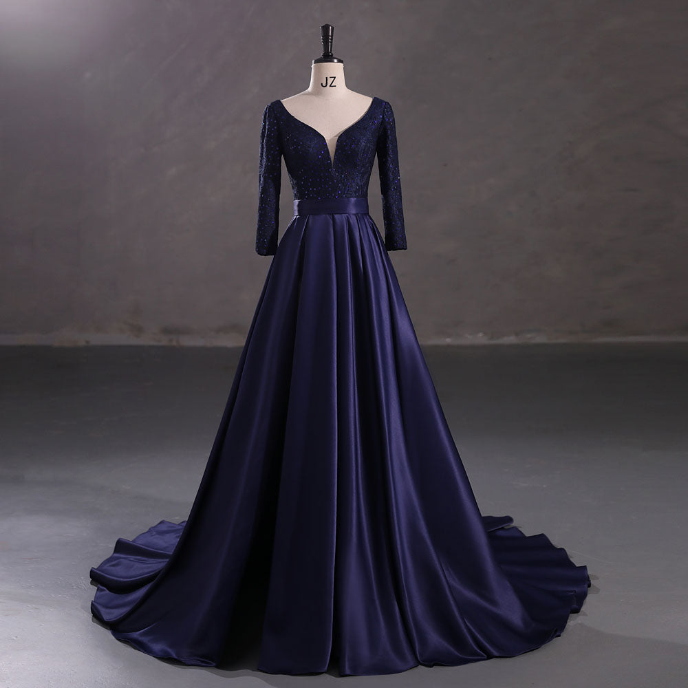 Navy Blue Satin Lace Ball Gown Formal Prom Dress EN5407 Size 14 / Navy Navy Blue Satin Lace Ball Gown Formal Prom Dress EN5407 Size 14 / Navy