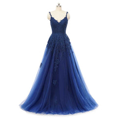 Navy Blue Lace Maxi Prom Evening Dress with Straps EN5501