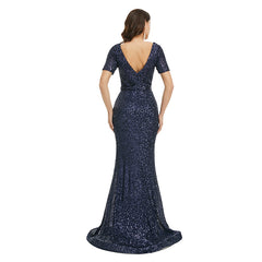 Sexy Navy Blue Sparkly Maxi Fitted Formal Evening Dress EN5001