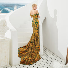 Green Maxi Mermaid Gala Formal Evening Dress with Gold Lace EN4812