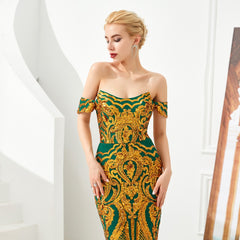 Green Maxi Mermaid Gala Formal Evening Dress with Gold Lace EN4812
