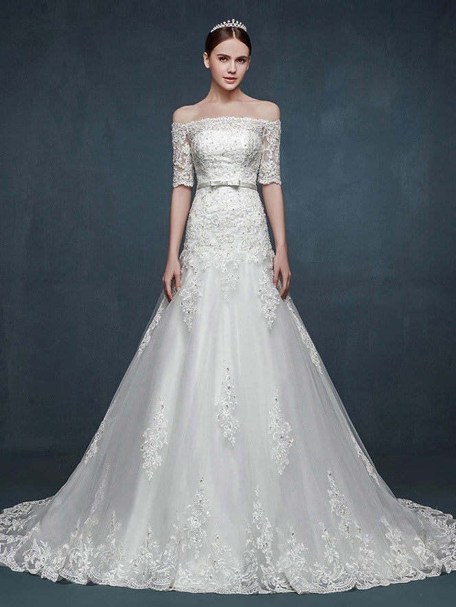 Off Shoulder A-line Lace Dress with Dropped Waist Off Shoulder A-line Lace Dress with Dropped Waist