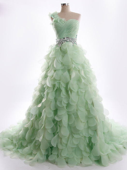 One Shoulder Green Petal Whimsical Formal Prom Evening Dress RS5003 One Shoulder Green Petal Whimsical Formal Prom Evening Dress RS5003
