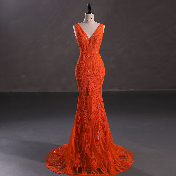Neon Orange Sequins Maxi Mermaid Formal Prom Evening Dress EN5409