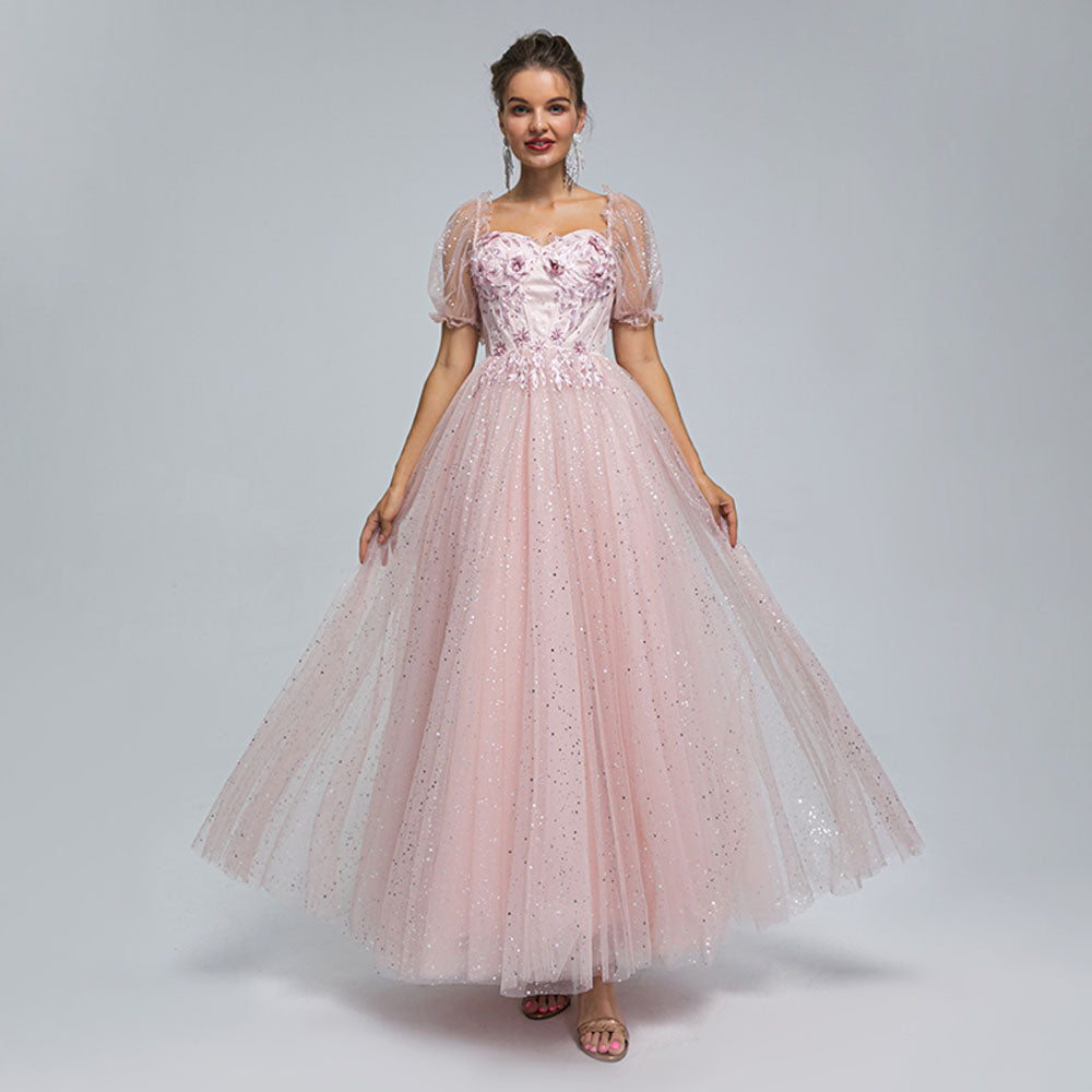 peach pink prom dress Peach Fairy Ruffled Sleeve Chiffon Plunging Formal Dress