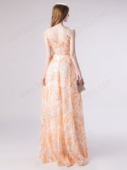 Peach Lace Formal Prom Dress with Thin Straps