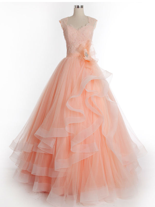 peach ladies dress Peach Lace Princess Prom Formal Dress with Cap Sleeves Size 8 / Peach