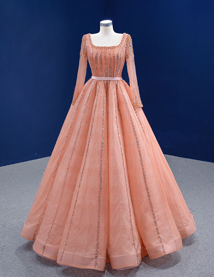 Peach evening new arrivals dress with sleeves
