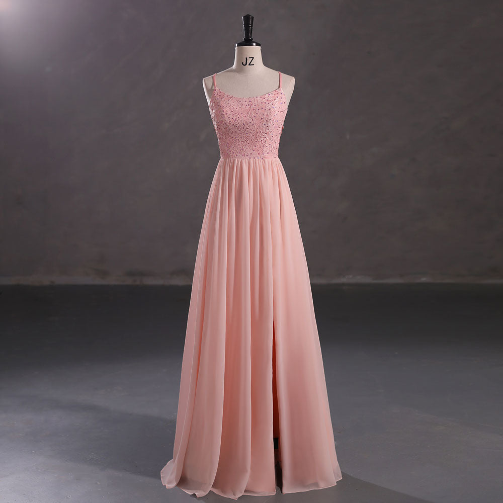 Maxi Peach Chiffon Formal Prom Dress with Side Slit EN5404 Size 14 / Peach Maxi Peach Chiffon Formal Prom Dress with Side Slit EN5404 Size 14 / Peach