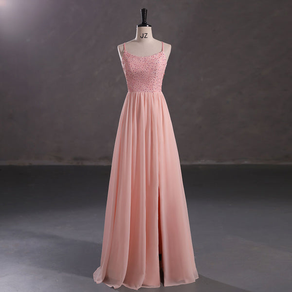 Maxi Peach Chiffon Formal Prom Dress with Side Slit EN5404
