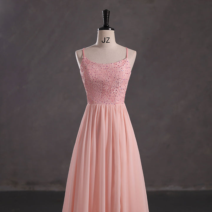 Maxi Peach Chiffon Formal Prom Dress with Side Slit EN5404