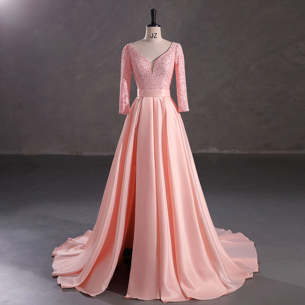 Peach Satin Lace Ball Gown Formal Prom Dress EN5407 Peach Satin Lace Ball Gown Formal Prom Dress EN5407