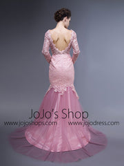 Pink Long Sleeves Open Back Mermaid Prom Formal Evening Dress