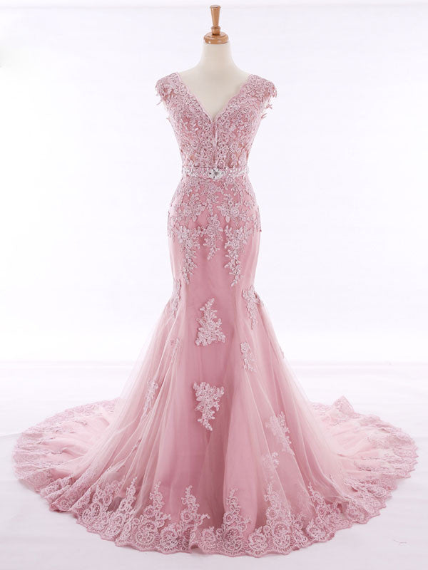 Pink Lace Mermaid Evening Gown with Open Back RS201604 Size 12 / Pink Pink Lace Mermaid Evening Gown with Open Back RS201604 Size 12 / Pink