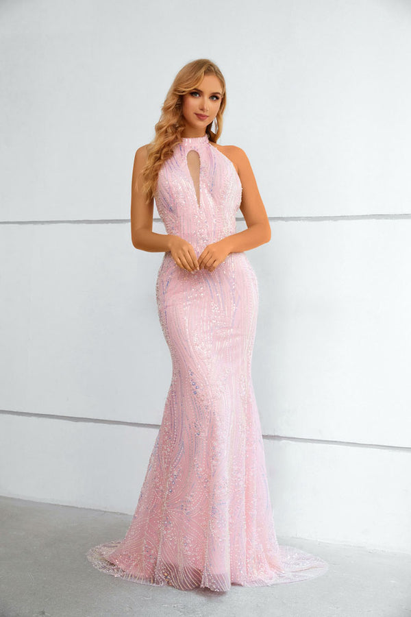 Long Sequins Pink Halter Neckline Formal Prom Evening Dress EN5616