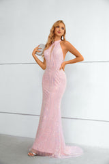Long Sequins Pink Halter Neckline Formal Prom Evening Dress EN5616