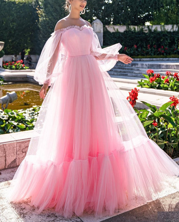 Pink Off the Shoulder Tulle Maxi Prom Dress