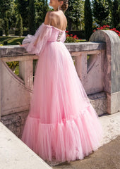 Pink Off the Shoulder Tulle Maxi Prom Dress
