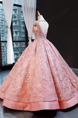 Pink Sparkly Short Sleeves Ball Gown Evening Dress RS2013
