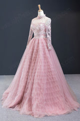 Pink Evening Dress with Illusion Neckline RS2016