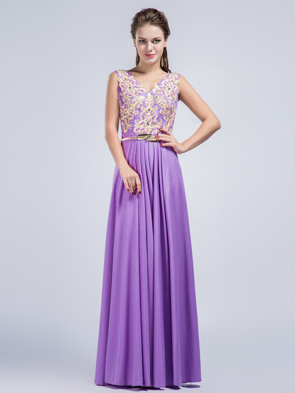 Purple V Neck Full Length Prom Formal Dress