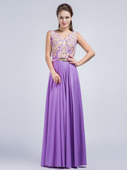 Purple V Neck Full Length Prom Formal Dress