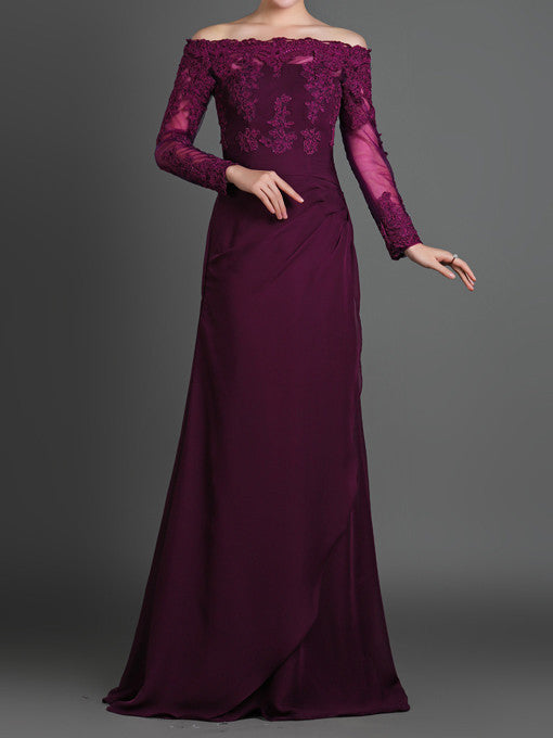 Purple Off Shoulder Lace Formal Evening Dress with Long Sleeves Purple Off Shoulder Lace Formal Evening Dress with Long Sleeves
