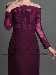 Purple Off Shoulder Lace Formal Evening Dress with Long Sleeves