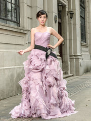 Purple Strapless Prom Performance Formal Evening Dress with Ruffle Skirt
