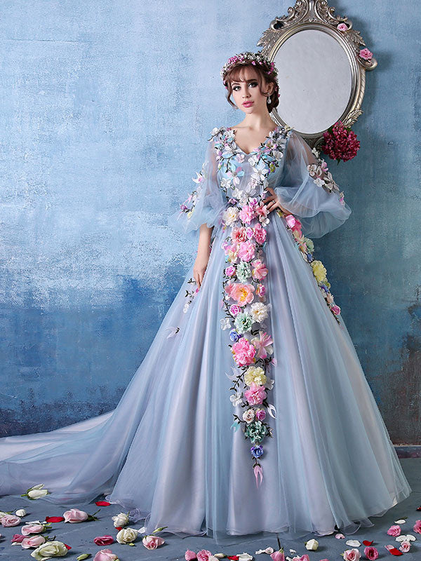 Long Sleeves Ball Gown Evening Dress with Colored Flowers | X035 Size 2 / Ivory Long Sleeves Ball Gown Evening Dress with Colored Flowers | X035 Size 2 / Ivory