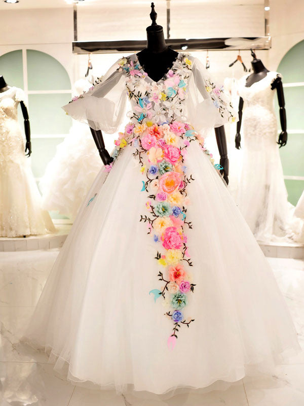 Long Sleeves Ball Gown Evening Dress with Colored Flowers | X035 Custom Size / Blue Long Sleeves Ball Gown Evening Dress with Colored Flowers | X035 Custom Size / Blue